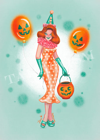 Vintage Clown Halloween Pinup Art Print